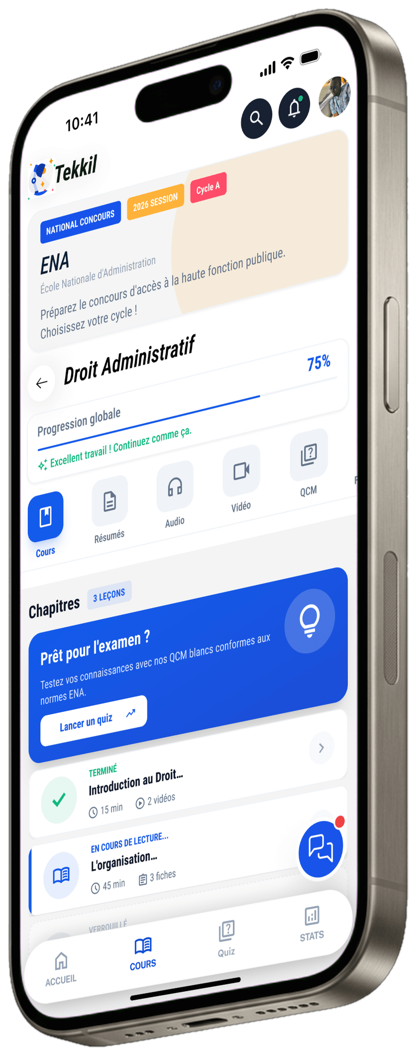Écran des cours Tekkil sur iPhone 16 Pro Max